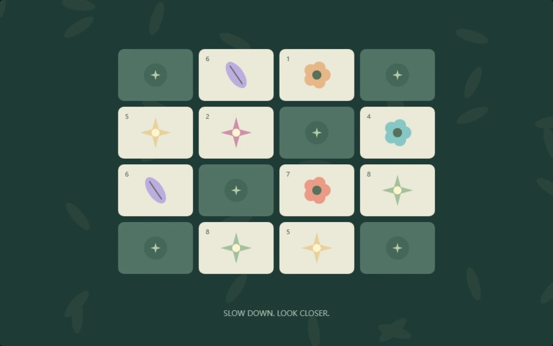 Original botanical matching game with pastel flowers, leaves and marbles