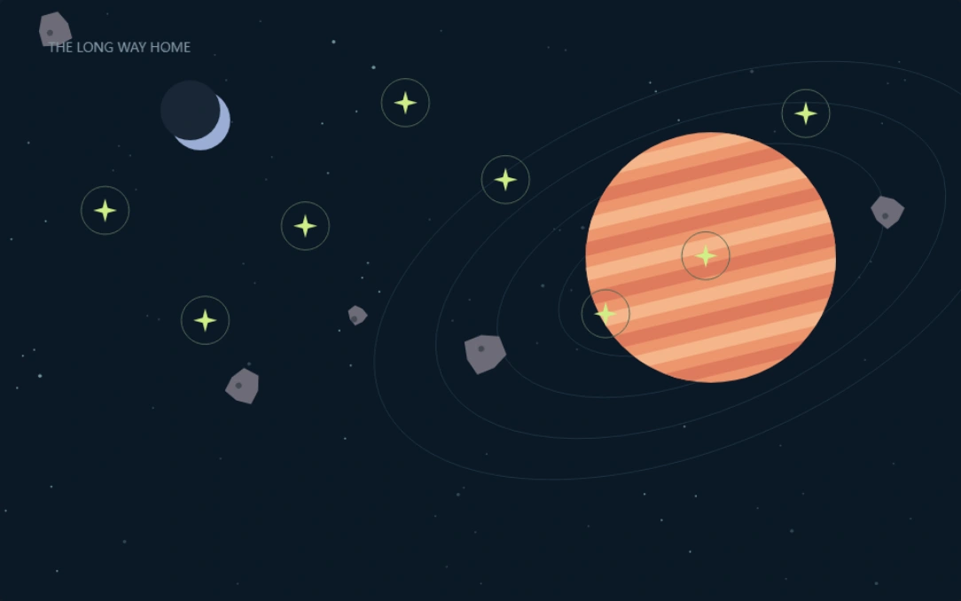 An original courier ship exploring a peach-colored planet and a field of green beacons
